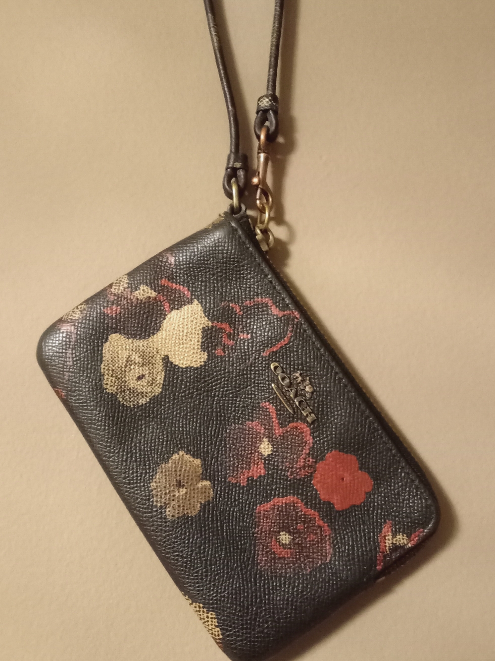 Coach Black Floral Zip Wristlet with Gold Accents